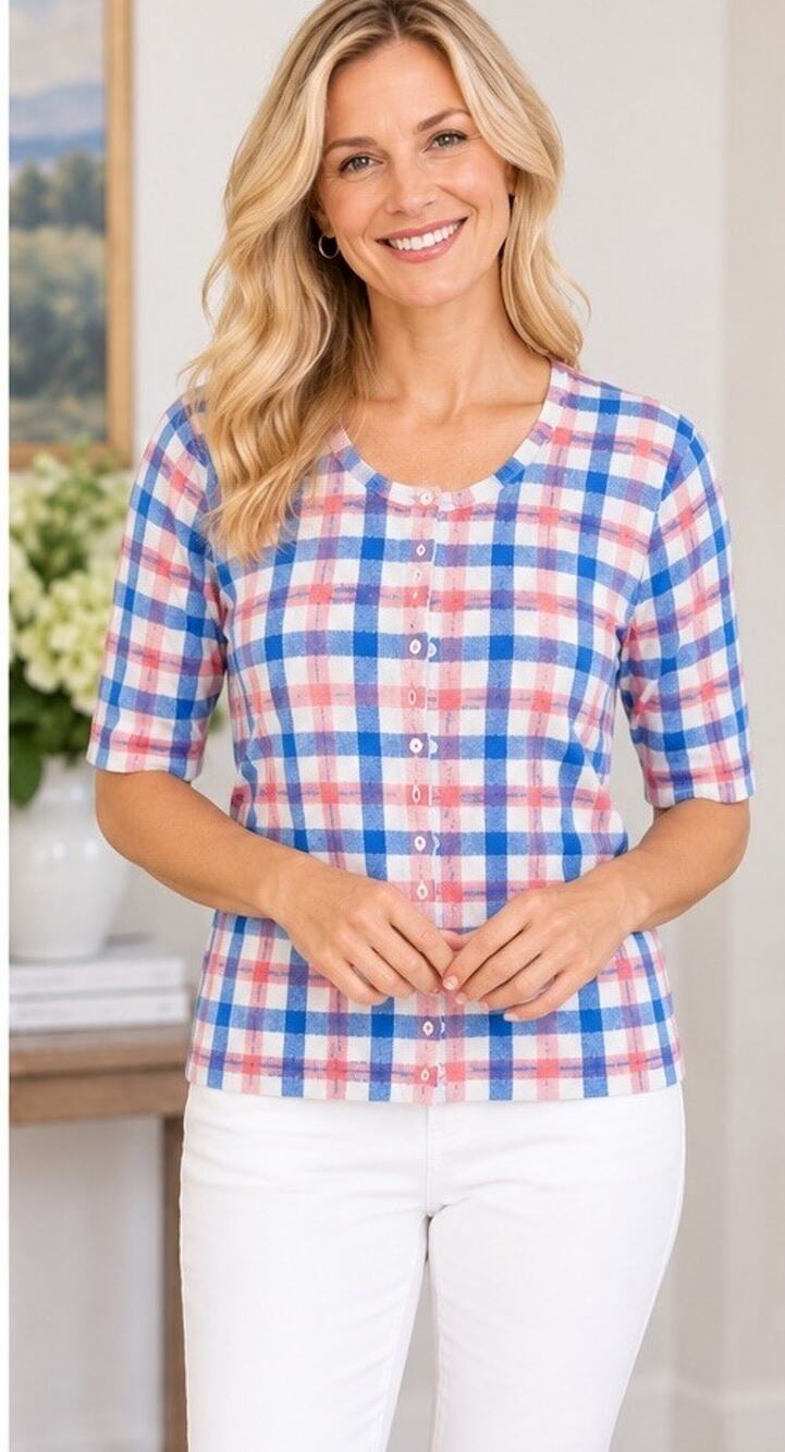 Talbots Short Sleeve Cardigan Women’s L Button Front Sweater Blue Pink Check